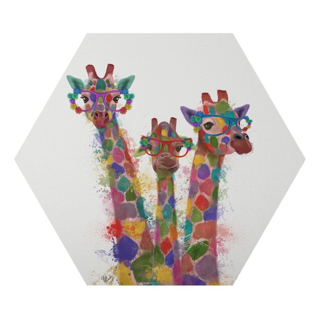 Alu-Dibond hexagon - Rainbow Splash Giraffe Trio