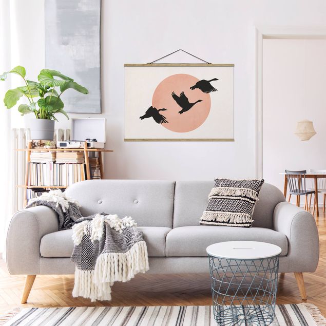 Fabric print with poster hangers - Birds In Front Of Rose Sun III