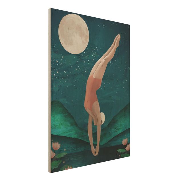 Print on wood - Illustration Bather Woman Moon Painting