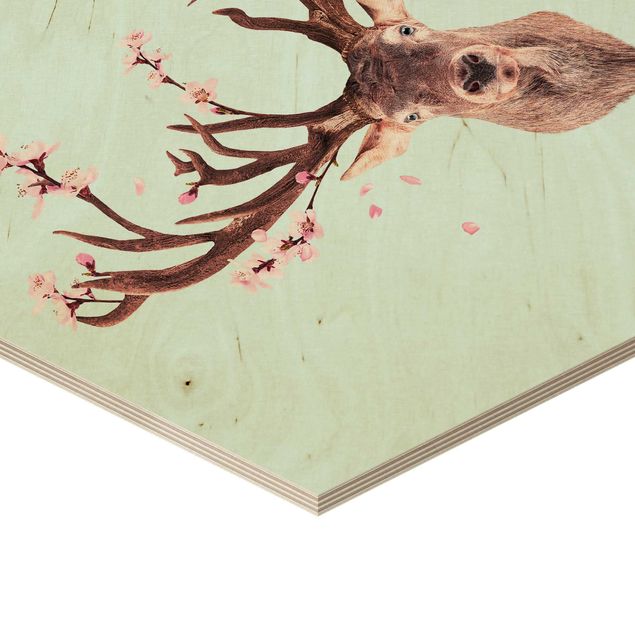 Wooden hexagon - Deer With Cherry Blossoms