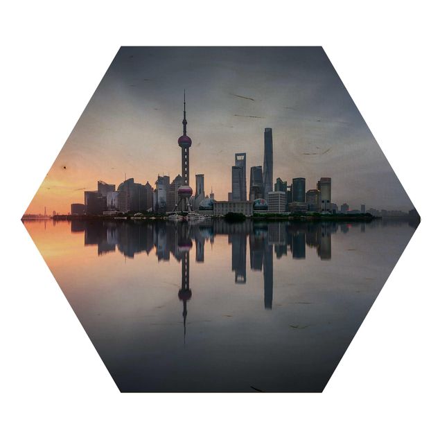 Wooden hexagon - Shanghai Skyline Morning Mood