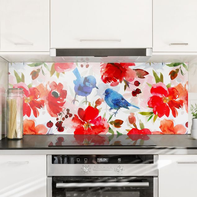 Glass splashback patterns Watercolour Birds In Blue And Pink
