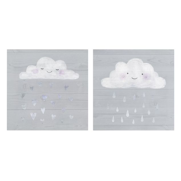 Print on canvas - Clouds With Silver Hearts And Drops Set I