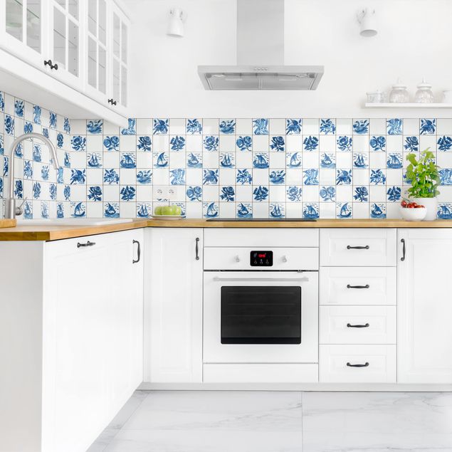 Kitchen splashback tiles Hand Painted Tiles With Flowers, Ships And Birds