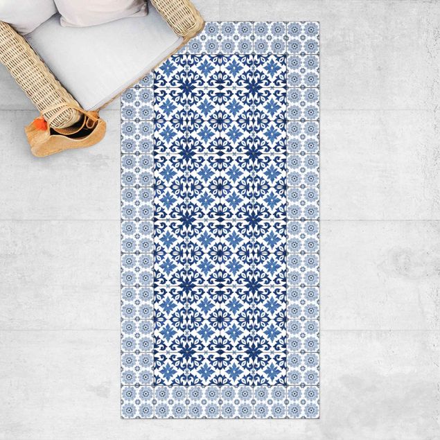 outdoor balcony rug Moroccan Tiles Floral Blueprint With Tile Frame