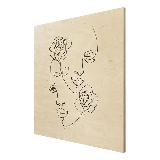 Print on wood - Line Art Faces Women Roses Black And White