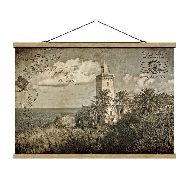Fabric print with poster hangers - Vintage Postcard With Lighthouse And Palm Trees