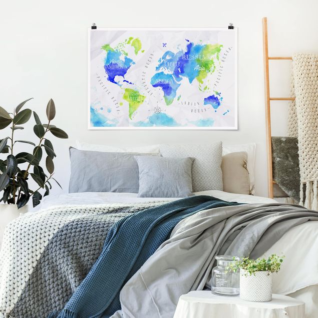 Poster - World Map Watercolour Blue Green