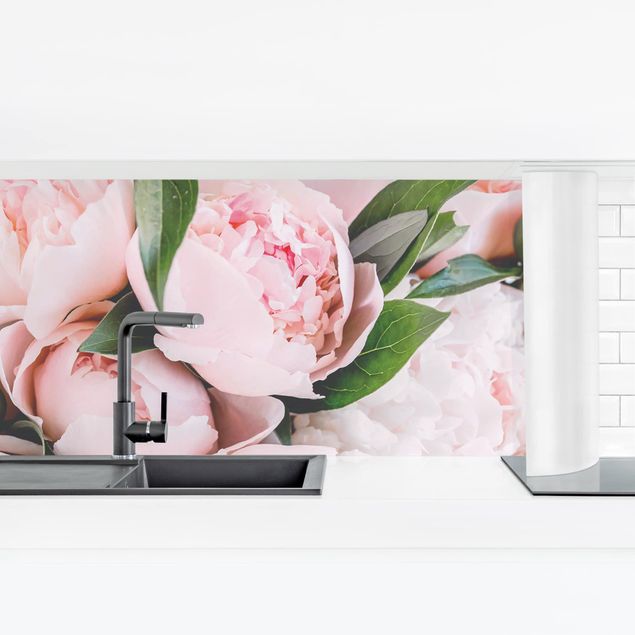 Kitchen wall cladding - Pink Peonies With Leaves