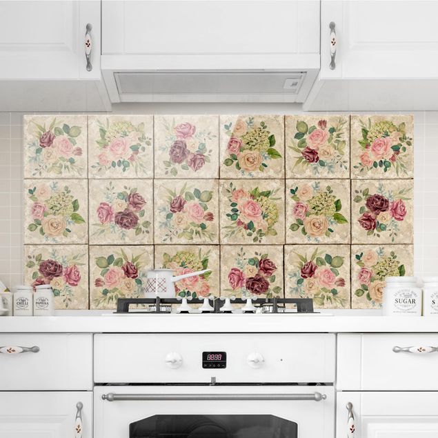 Glass splashback kitchen tiles Vintage Roses And Hydrangeas