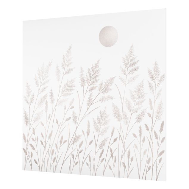 Glass Splashback - Grasses And Moon In Silver - Square 1:1