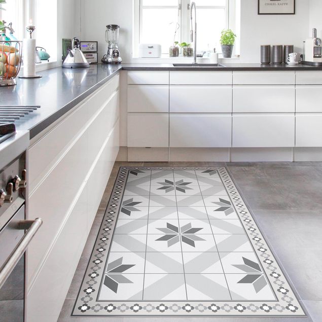 kitchen runner rugs Geometrical Tiles Rhombic Flower Grey With Narrow Border