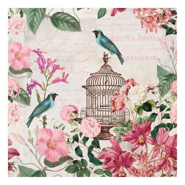 Print on forex - Shabby Chic Collage - Pink Flowers And Blue Birds