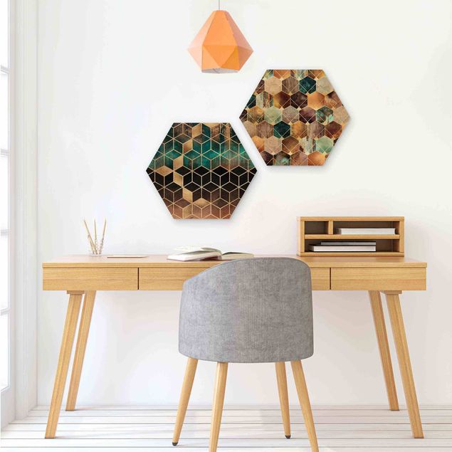 Wooden hexagon - Turquoise Geometry Golden Art Deco Set