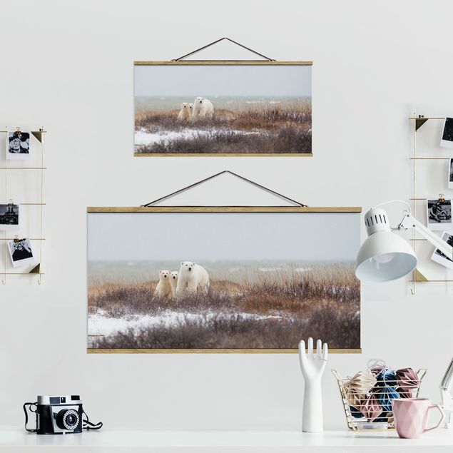 Fabric print with poster hangers - Polar Bear And Her Cubs
