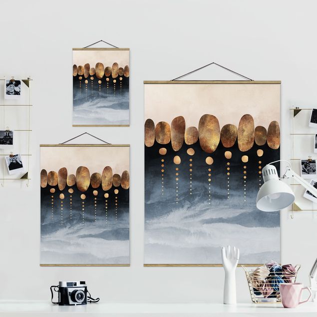 Fabric print with poster hangers - Abstract Golden Stones