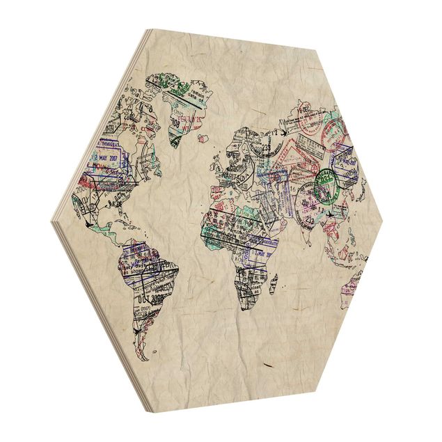 Wooden hexagon - Passport Stamp World Map
