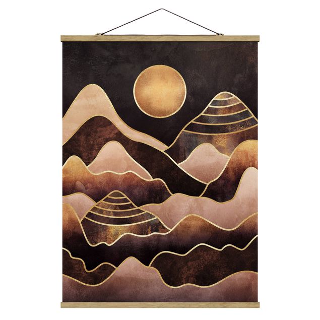 Fabric print with poster hangers - Golden Sun Abstract Mountains