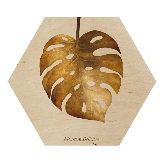 Wooden hexagon - Gold - Monstera