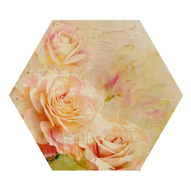 Wooden hexagon - Watercolour Rose Composition