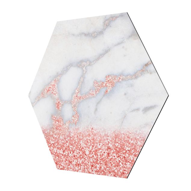 Alu-Dibond hexagon - Marble Look With Pink Confetti