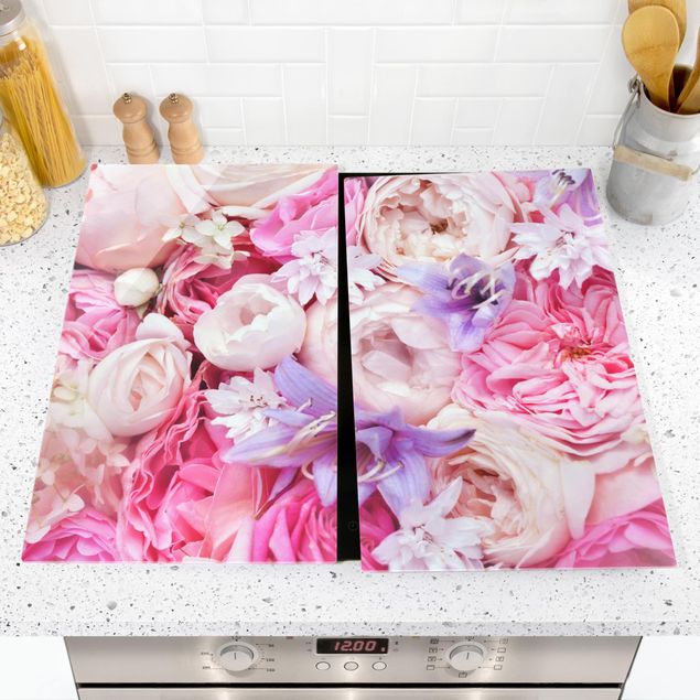 Glass stove top cover - Shabby Roses With Bluebells
