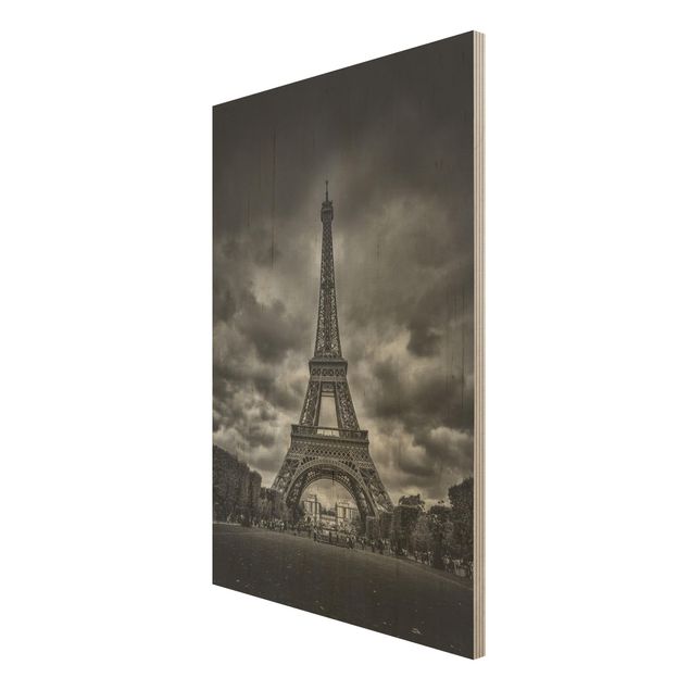 Wood print - Eiffel Tower In Front Of Clouds In Black And White