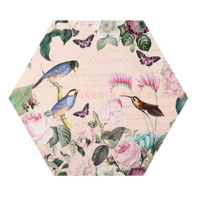 Alu-Dibond hexagon - Vintage Collage - Roses And Birds