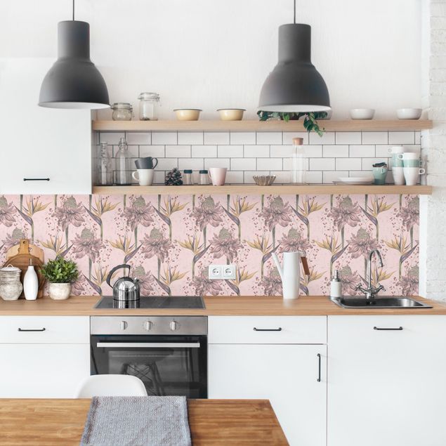 Kitchen wall cladding - Floral Elegance Vintage Strelitzia On Pink Backdrop XXL
