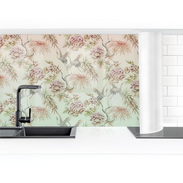 Kitchen wall cladding - Watercolour Birds With Large Flowers In Ombre II