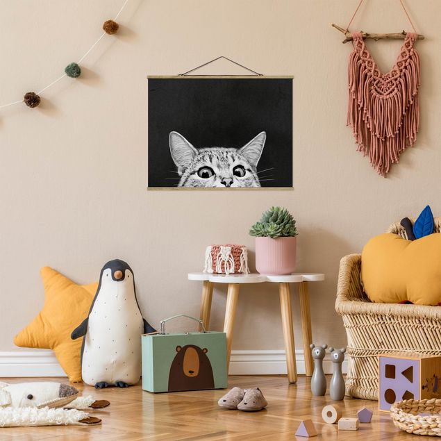 Fabric print with poster hangers - Illustration Cat Black And White Drawing