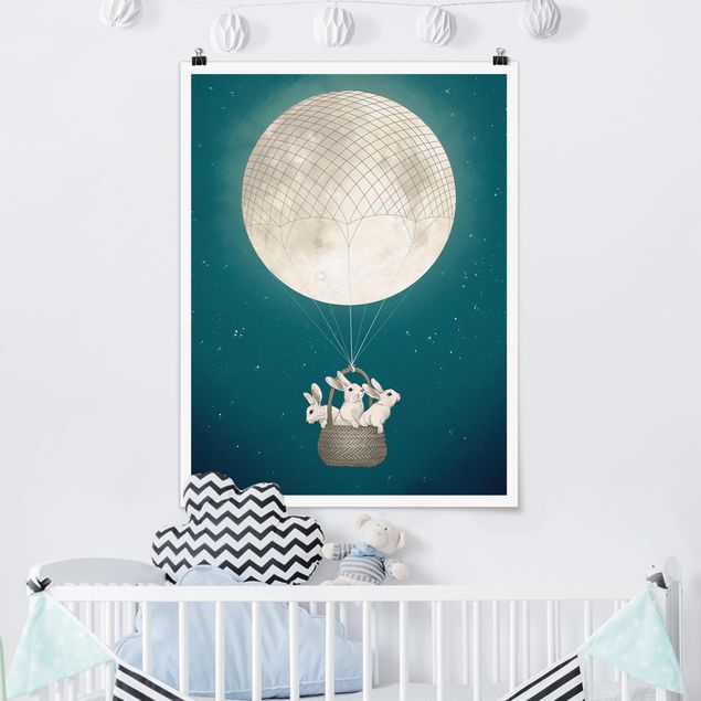 Poster - Illustration Rabbits Moon As Hot-Air Balloon Starry Sky