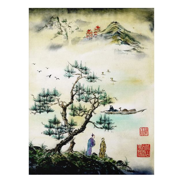 Print on aluminium - Japanese Watercolour Drawing Pine And Mountain Village