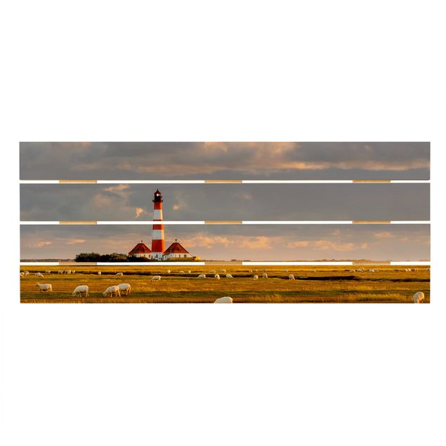Print on wood - North Sea Lighthouse With Flock Of Sheep