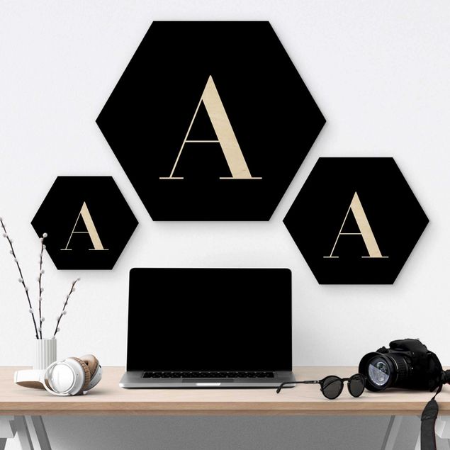 Wooden hexagon - Letter Serif Black A