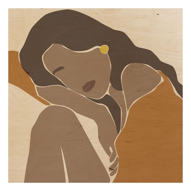 Print on wood - Line Art Woman Brown Beige