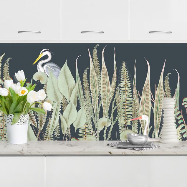 Kitchen splashback flower Flamingo And Stork With Plants On Green