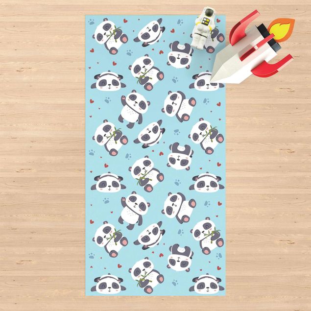 Balcony rugs Cute Panda With Paw Prints And Hearts Pastel Blue