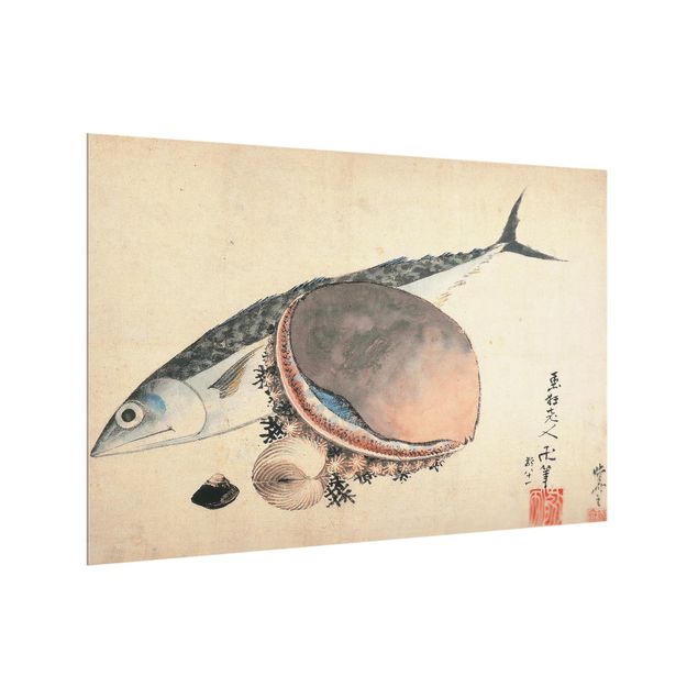 Glass splashback kitchen Katsushika Hokusai - Mackerel and Sea Shells