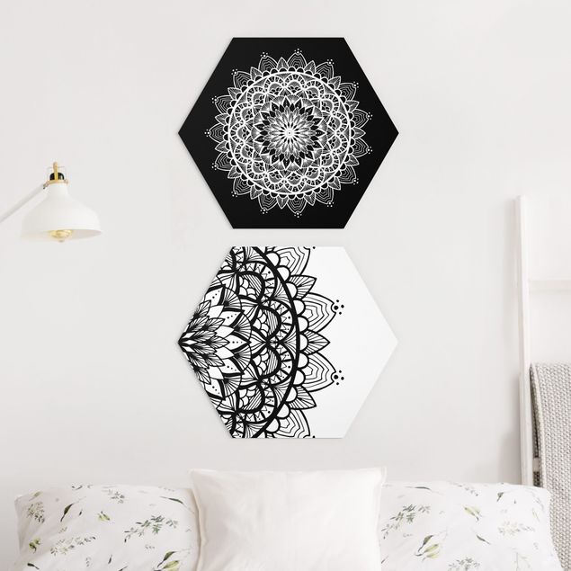 Alu-Dibond hexagon - Mandala Illustration Shabby Set Black White