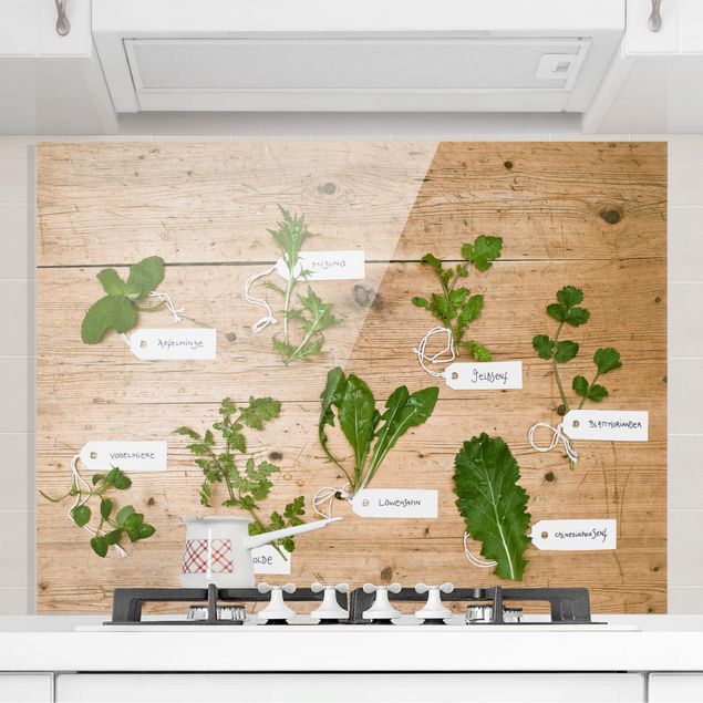 Glass splashback wood Herbs With Labeling