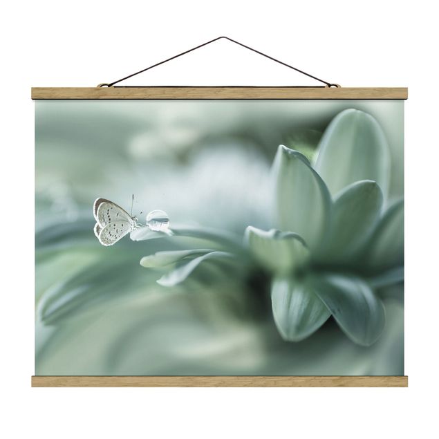 Fabric print with poster hangers - Butterfly And Dew Drops In Pastel Green