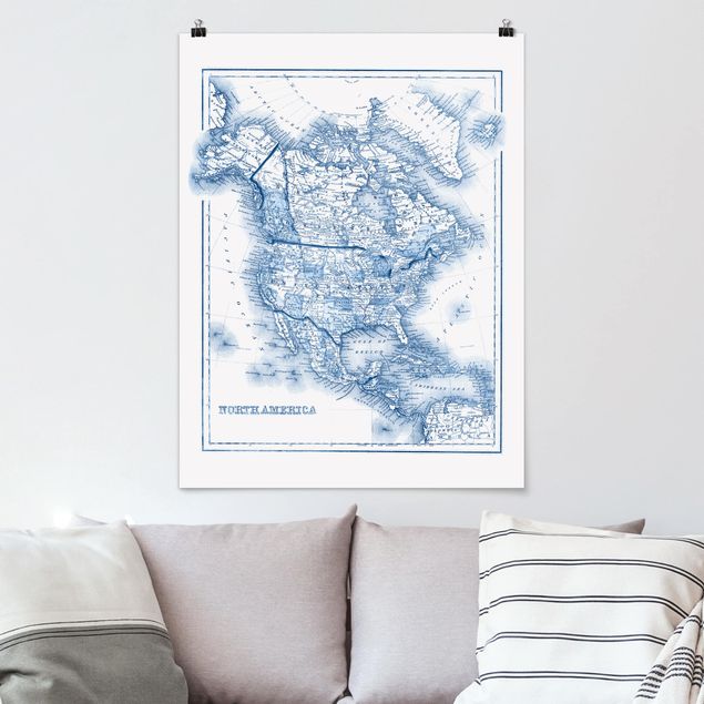 Poster city, country & world maps - Map In Blue Tones - North America