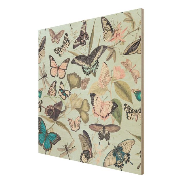 Print on wood - Vintage Collage - Butterflies And Dragonflies
