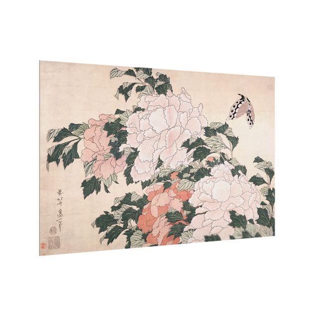 Glass splashback kitchen animals Katsushika Hokusai - Pink Peonies With Butterfly