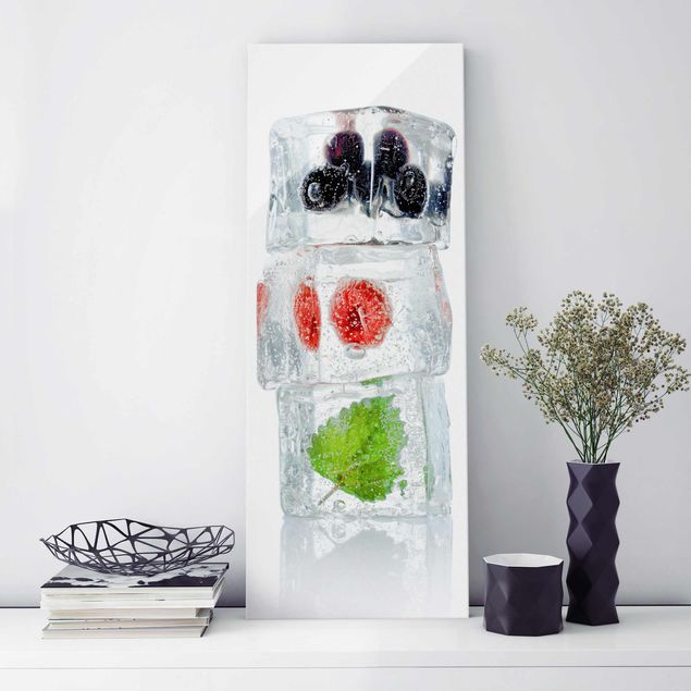 Glass print - Raspberry lemon balm and blueberries in ice cube