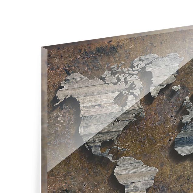 Glass print - Wooden Grid World Map