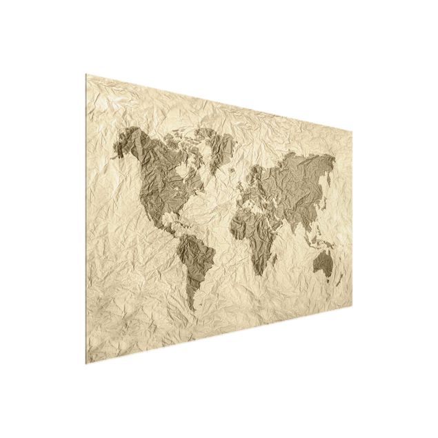 Glass print - Paper World Map Beige Brown