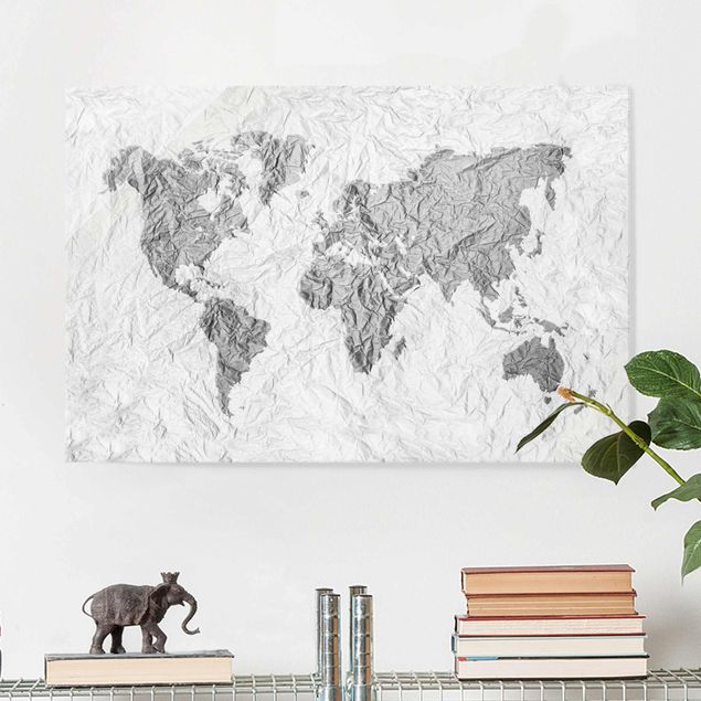 Glas Magnetboard Paper World Map White Grey