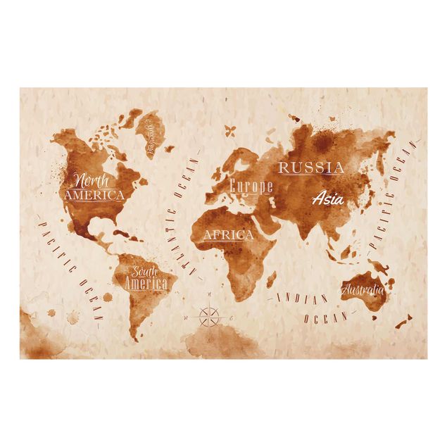 Glass print - World Map Watercolour Beige Brown